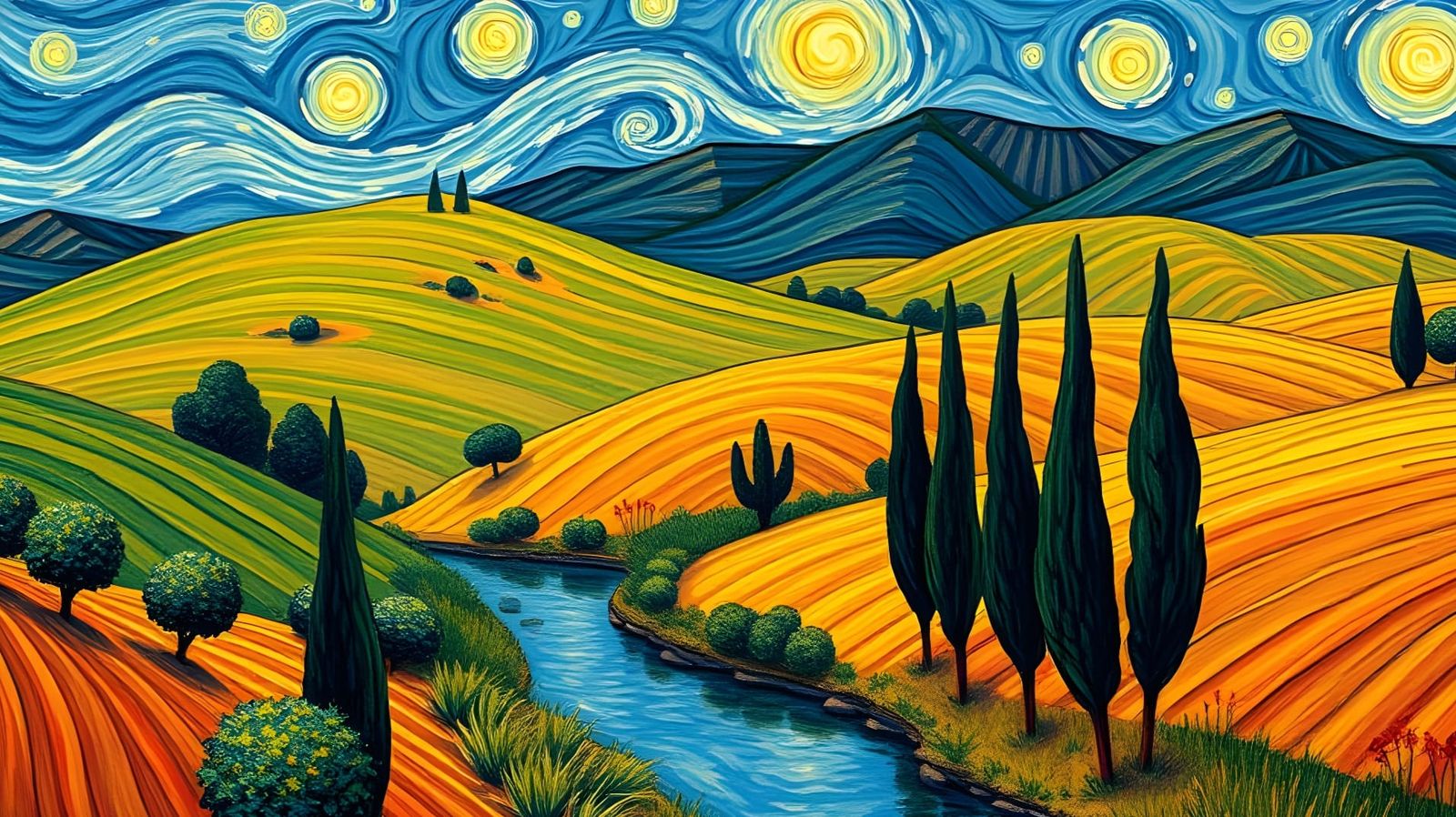 Impressionist Landscape with Cypress Trees and River