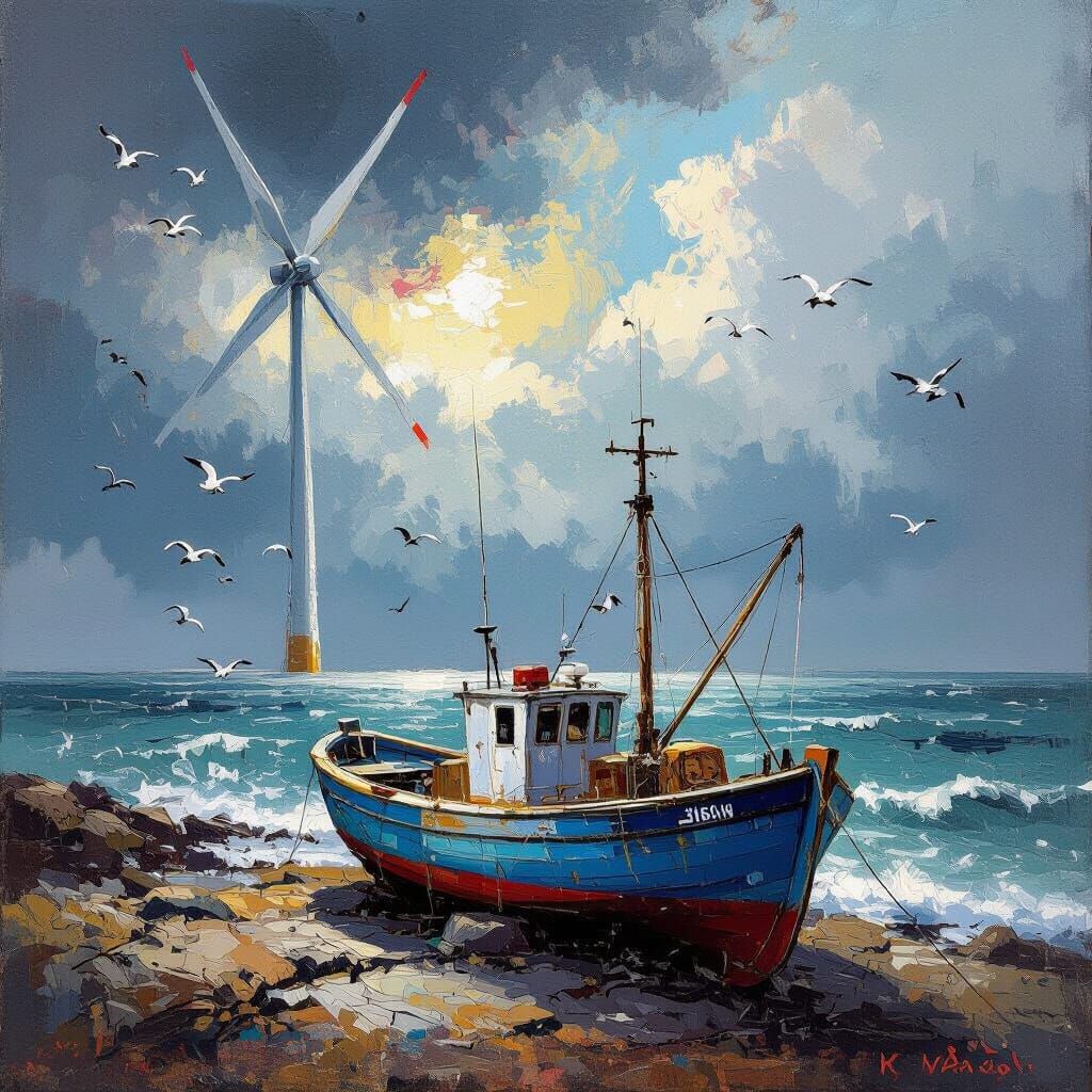 Brittany Coast Fishing Boat Under Wind Turbine in Basquiat S...