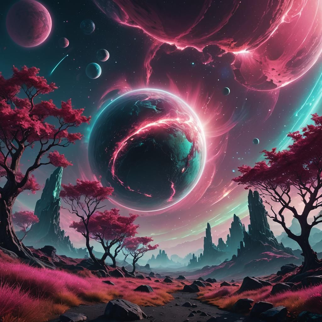 Pink Planet Fantasy Concept Art in Teal and Magenta