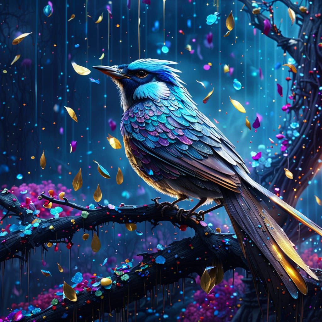 Glittering Bird in Confetti Rain, Digital Art