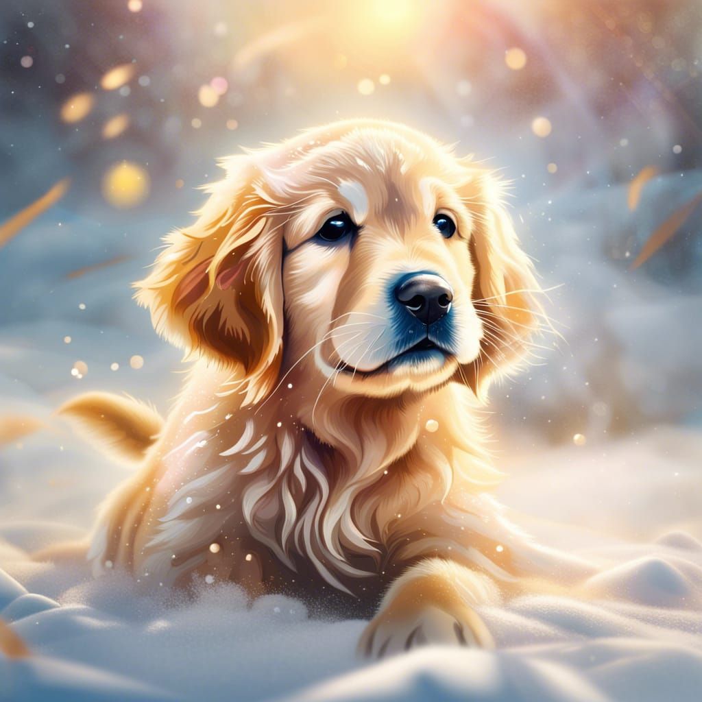 Playful Golden Retriever Puppy Portrait in Snow