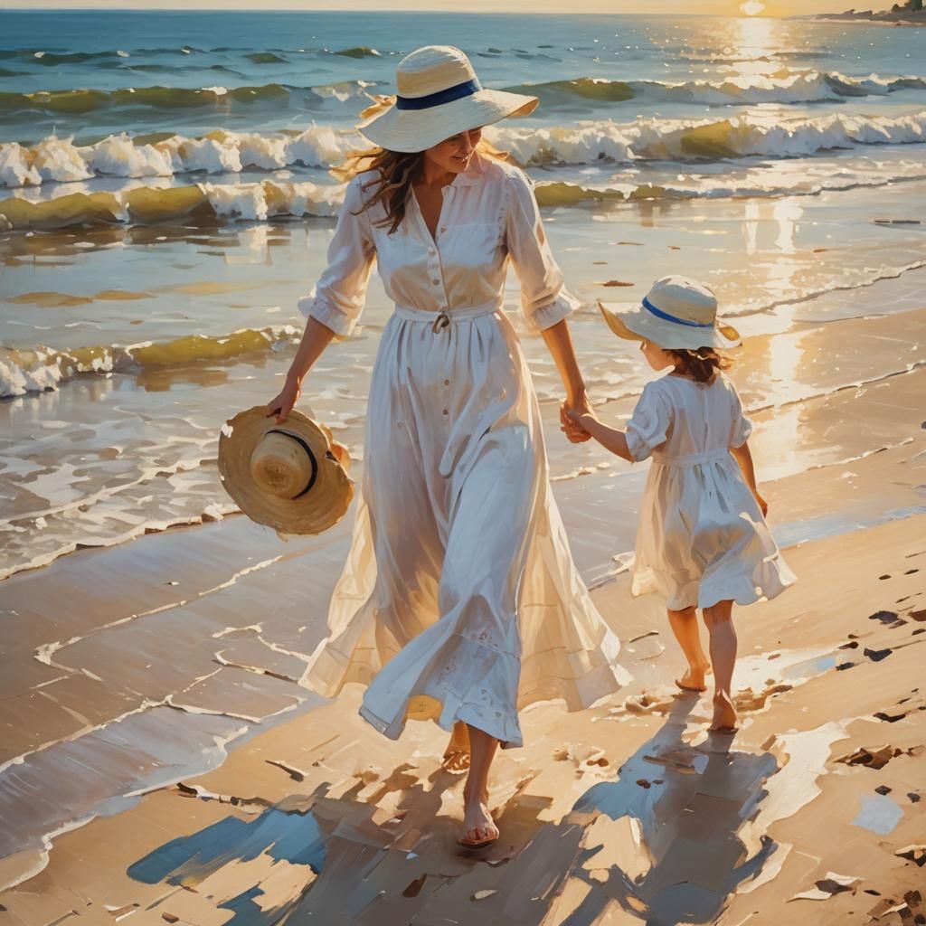 Impressionist Beach Scene in Golden Light