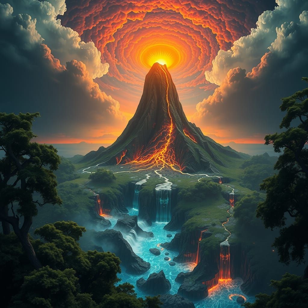 Volcanic Realm with Bioluminescent Ocean and Ancient Forest