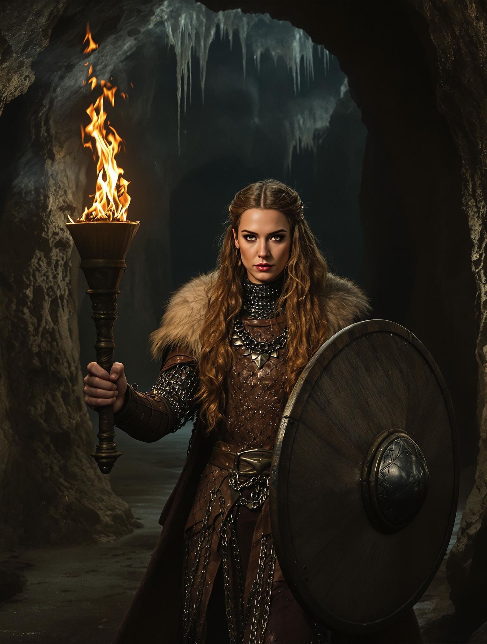 Norse Goddess of Protection Strides Through Dark Cavern