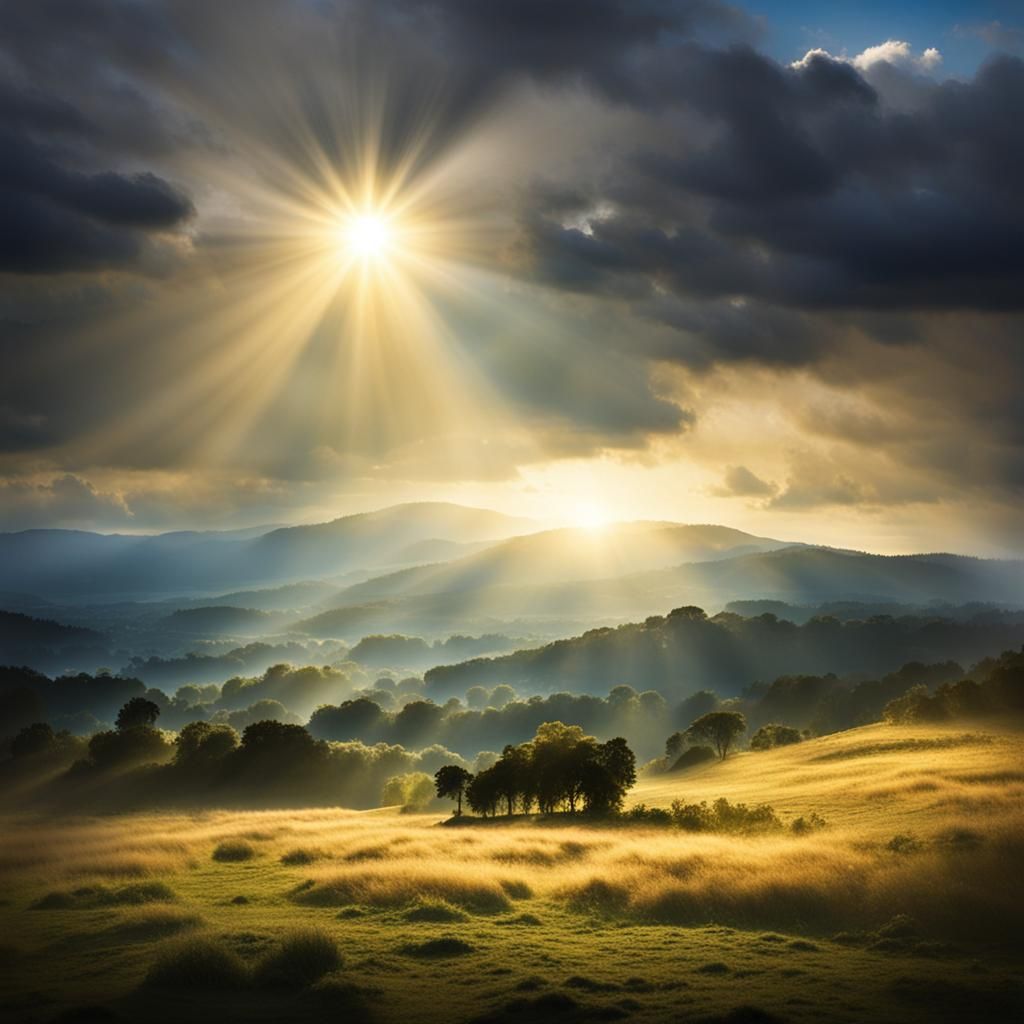 Night Hills Impasto Painting with Divine Sunshine