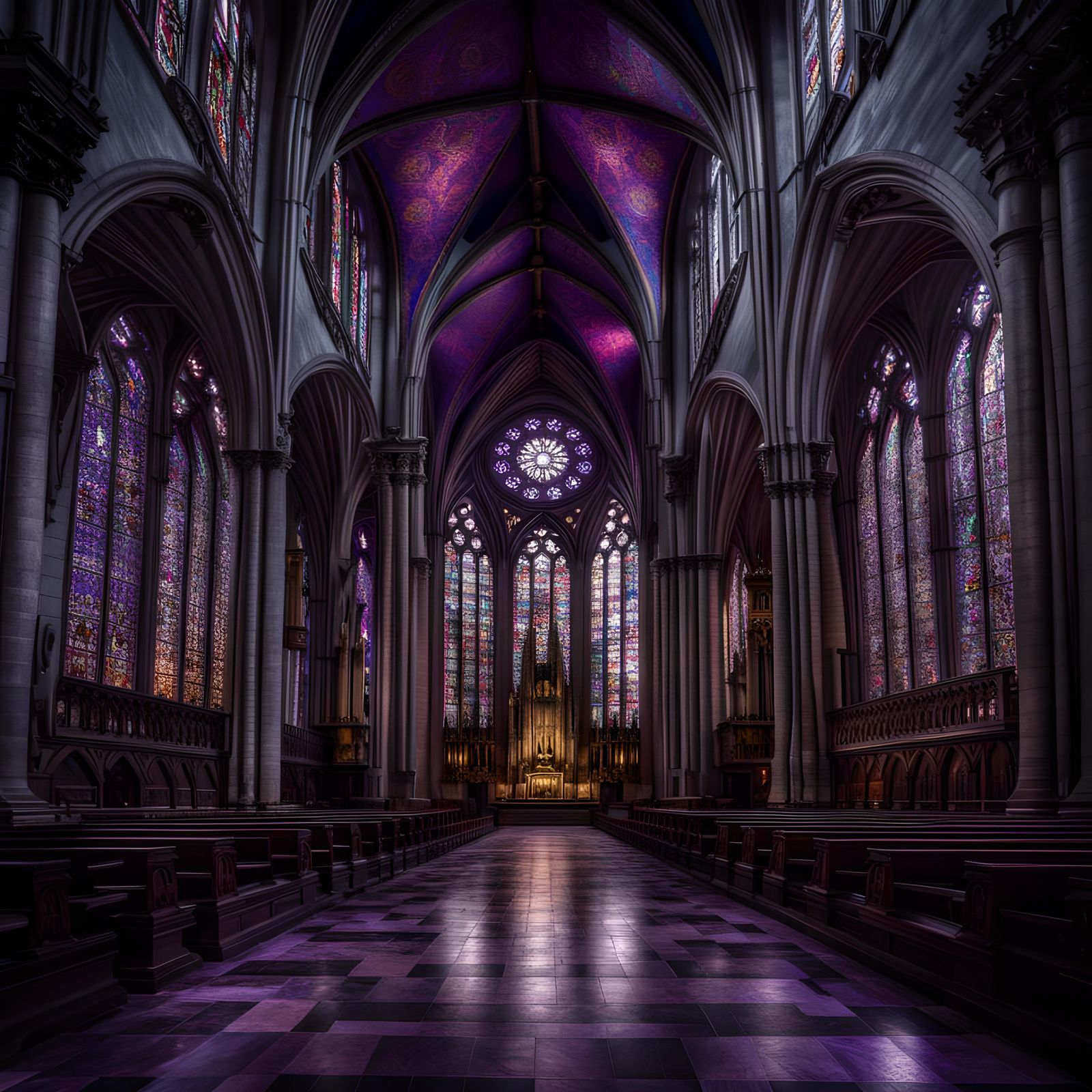 Grand Cathedral Interior with Purple Light and Gargoyles