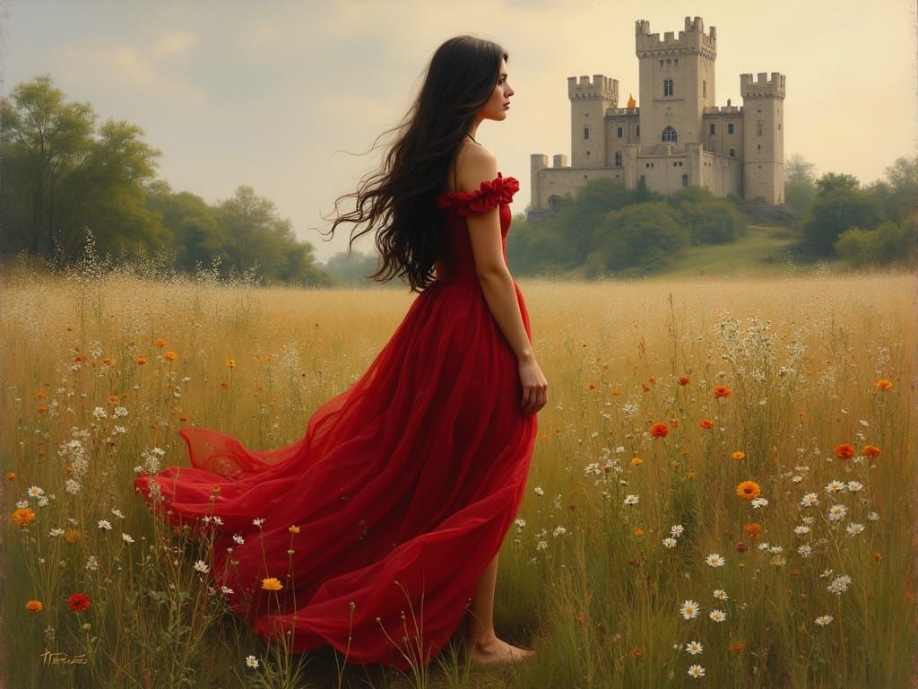 Woman in Crimson Gown at Wildflower Field