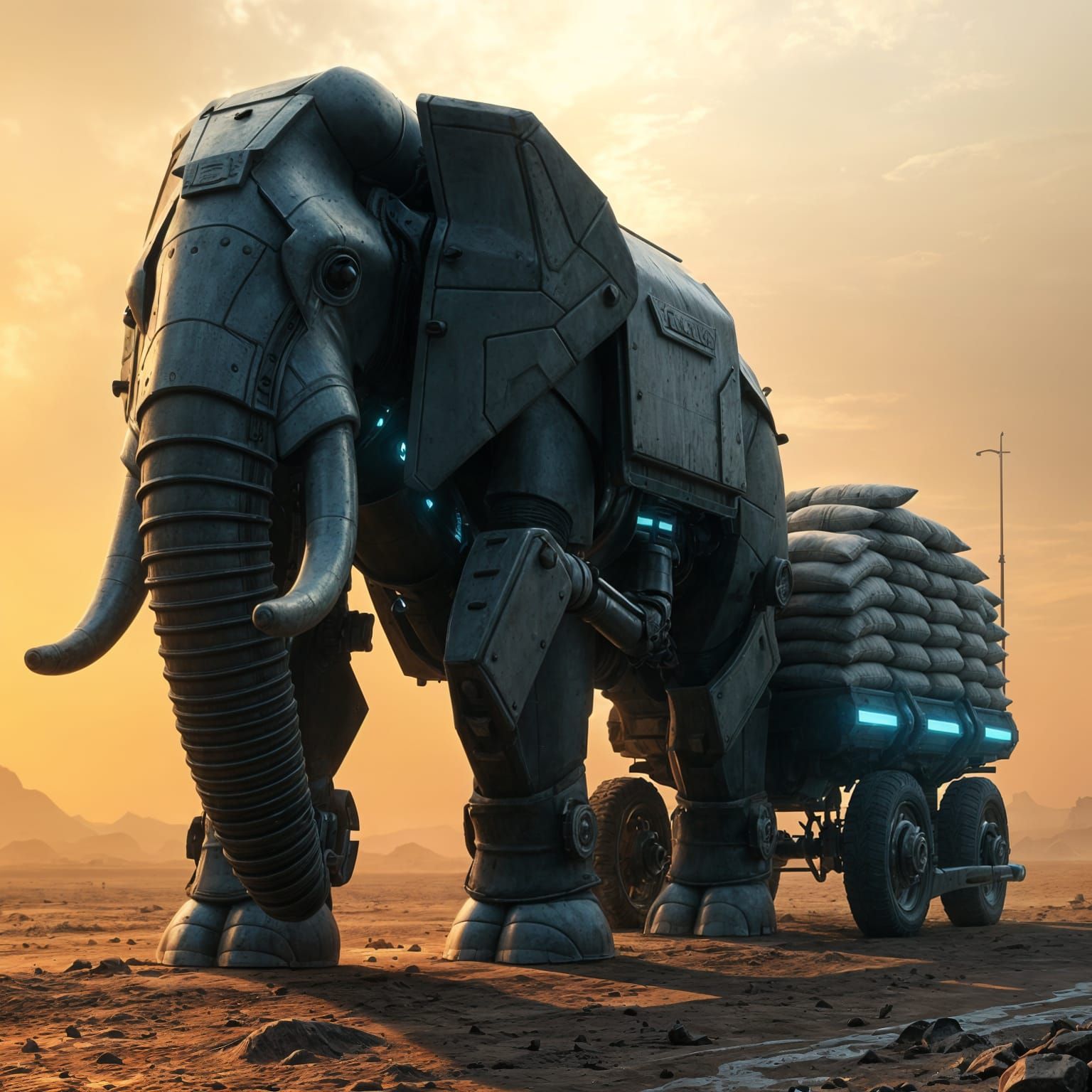 Armored Elephant Towing Sandbag Chariot: Sci-Fi Render