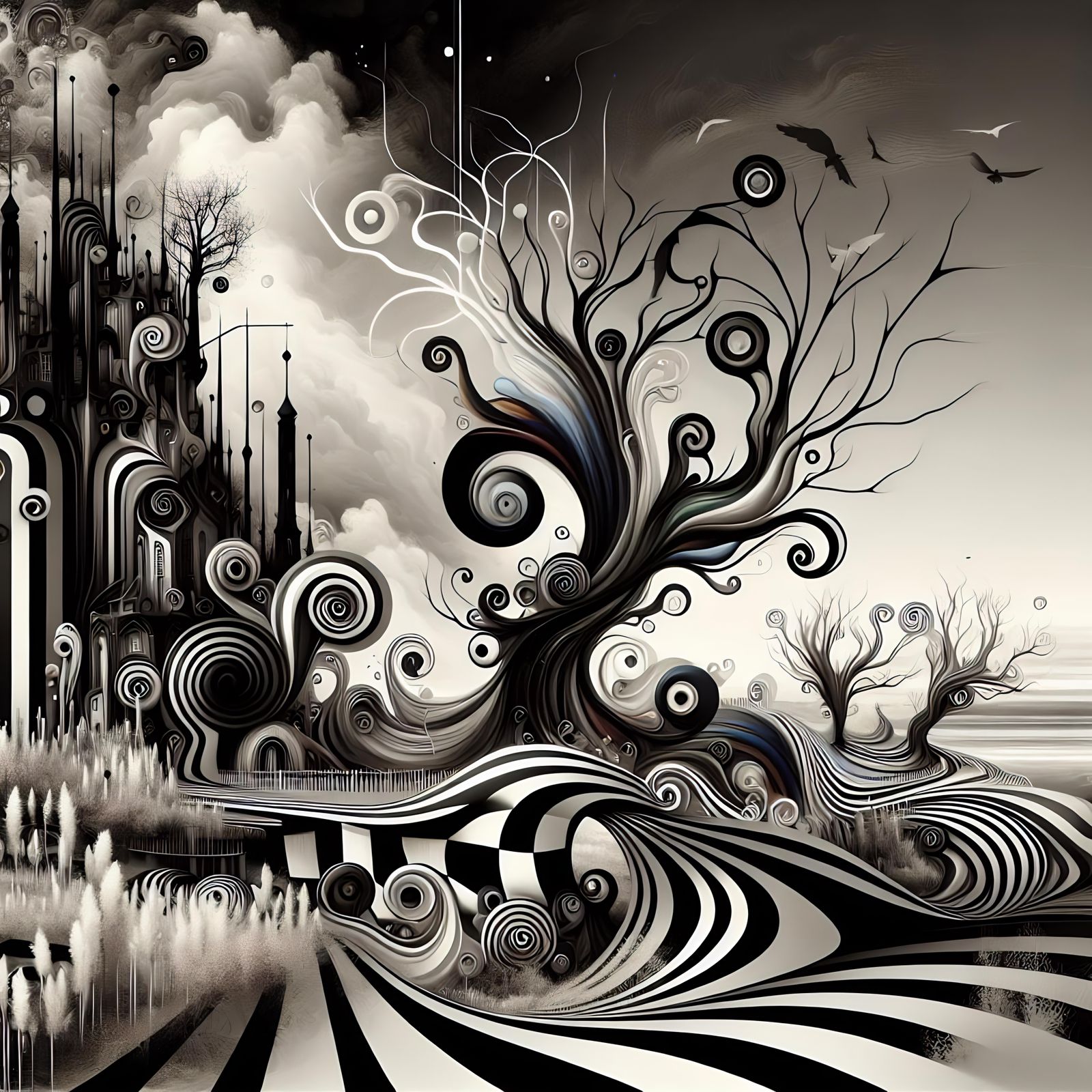 Surreal Gothic Landscape with Whimsical Elements