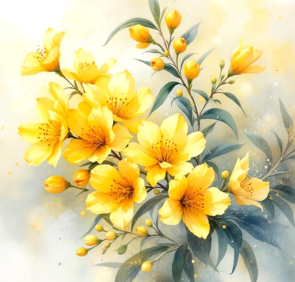 Golden Wattle Blooms in Soft Watercolour Dawn Light