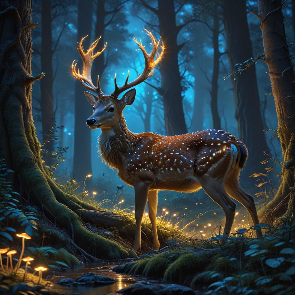 Glowing Deer in Enchanted Forest: Digital Painting