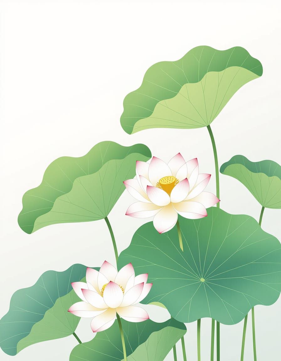 Dreamy Lotus Plants in Traditional Chinese Art Style