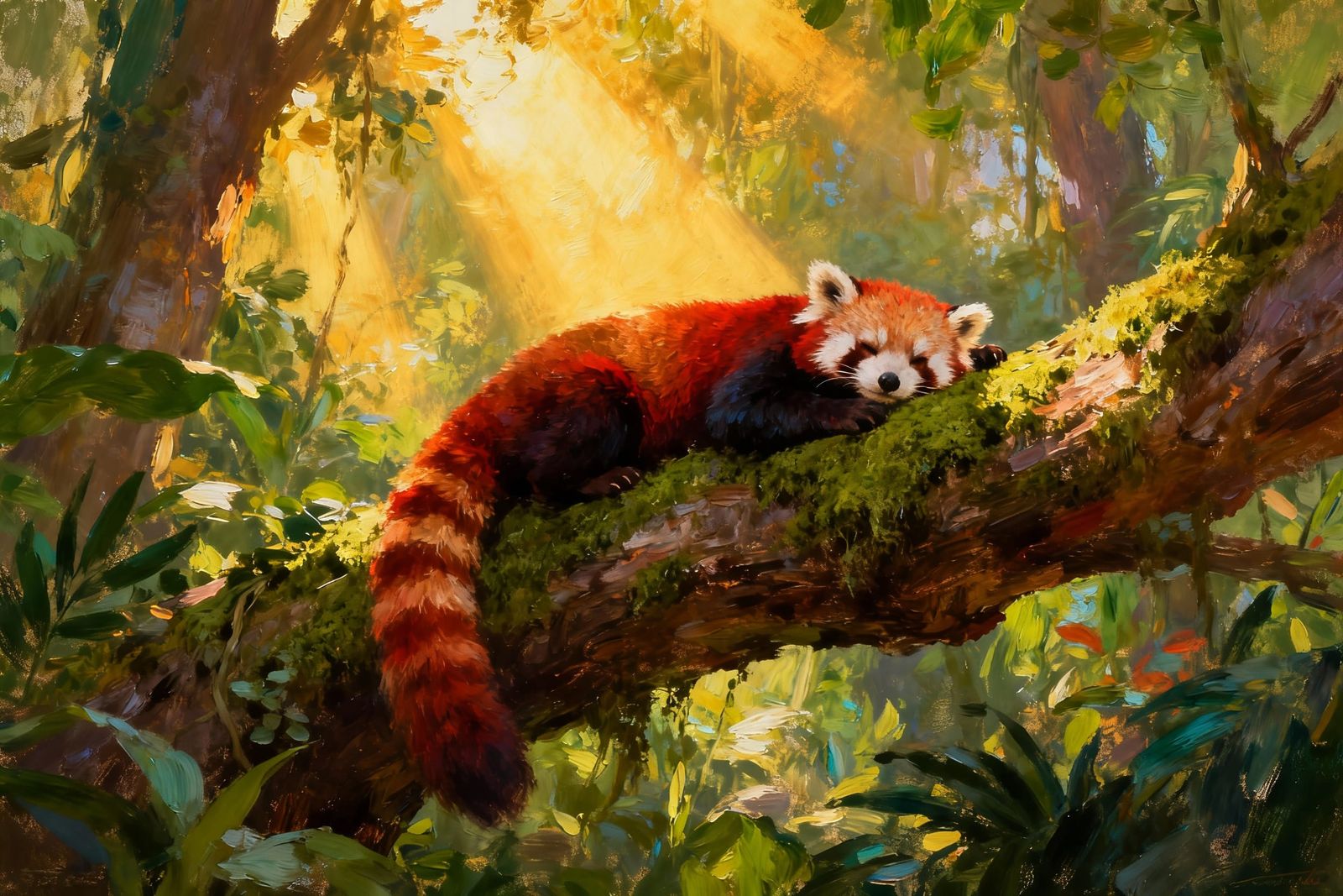 Red Panda Relaxing on Jungle Tree Branch in Acrylic Style