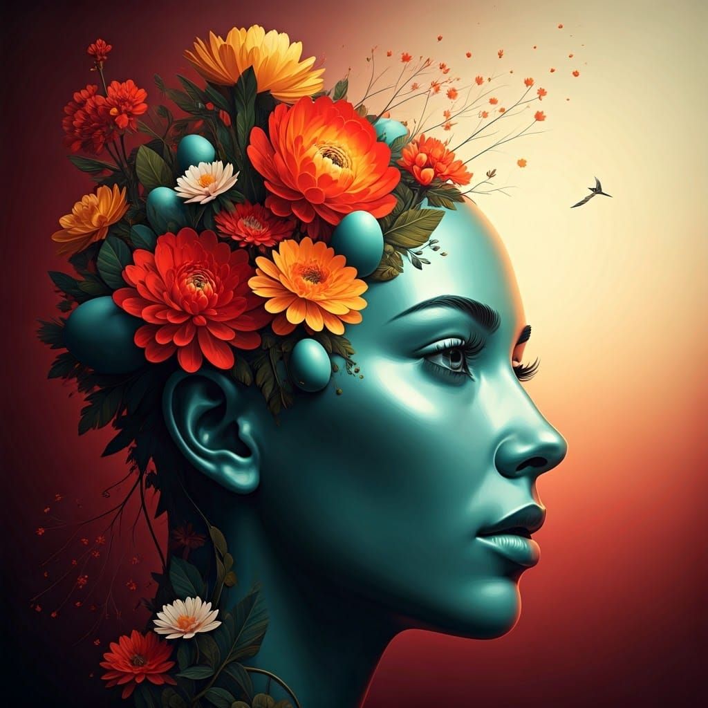 Surreal Floral Portrait in Cubist Art Deco Style