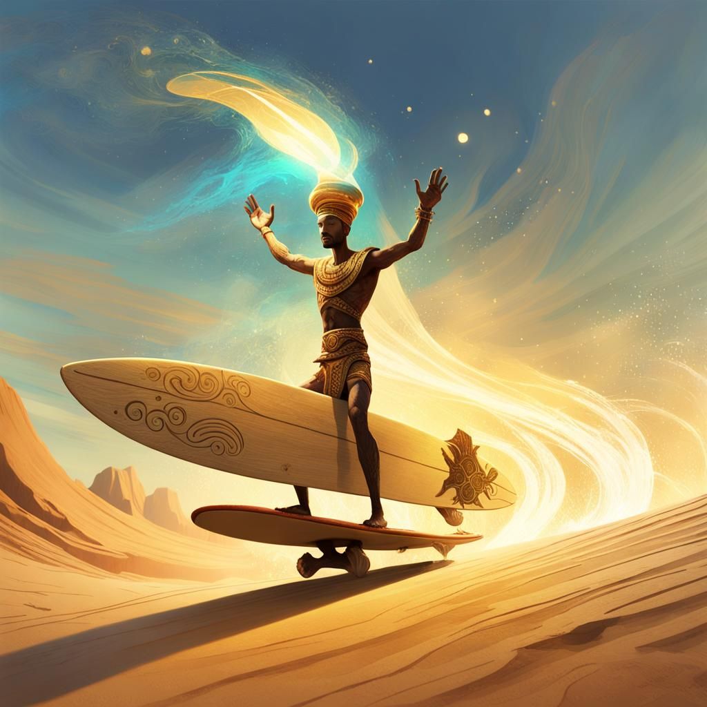 Genie Surfing in Desert: Dreamlike Digital Art