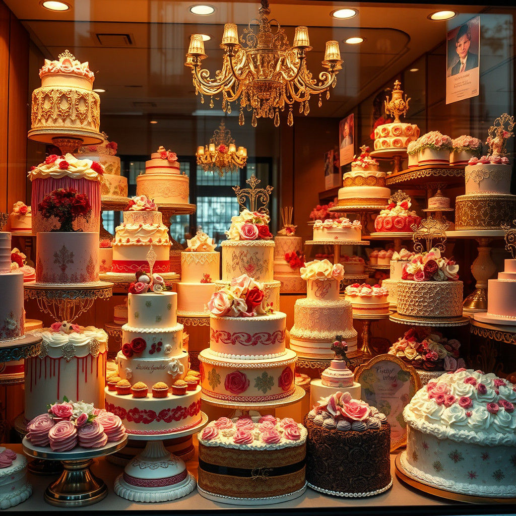 Cake Shop Window Display with Intricate Cakes
