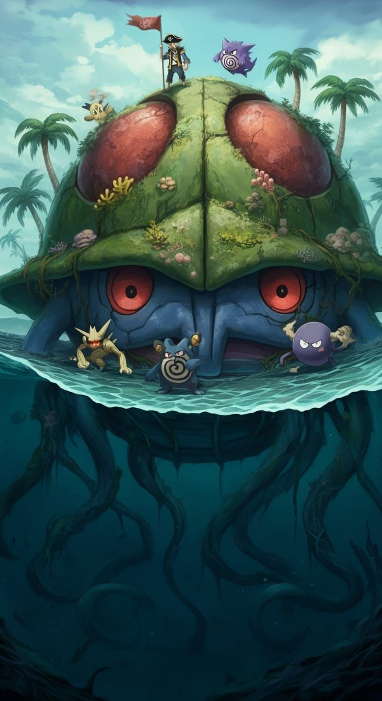 Pirates on a Pokémon Island in a Cyberpunk Aesthetic