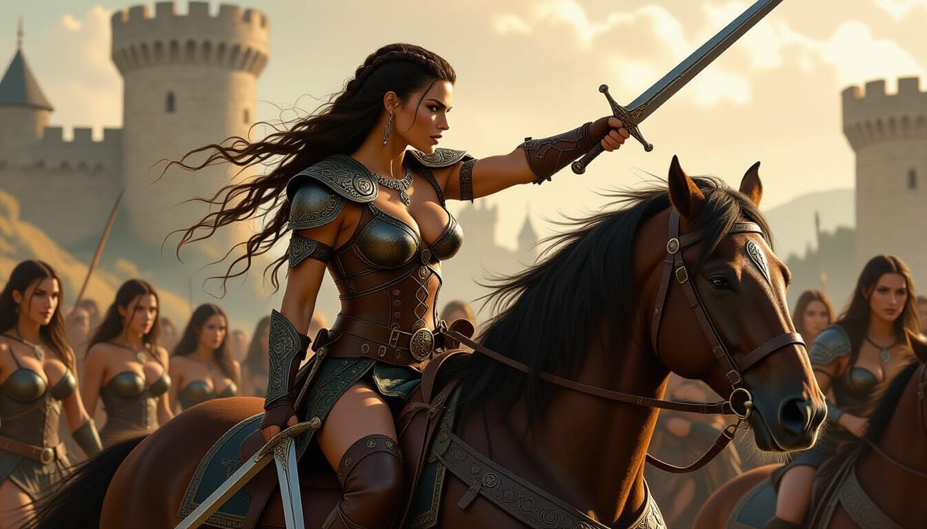 Viking Warrior Woman Rides Horse with Sword