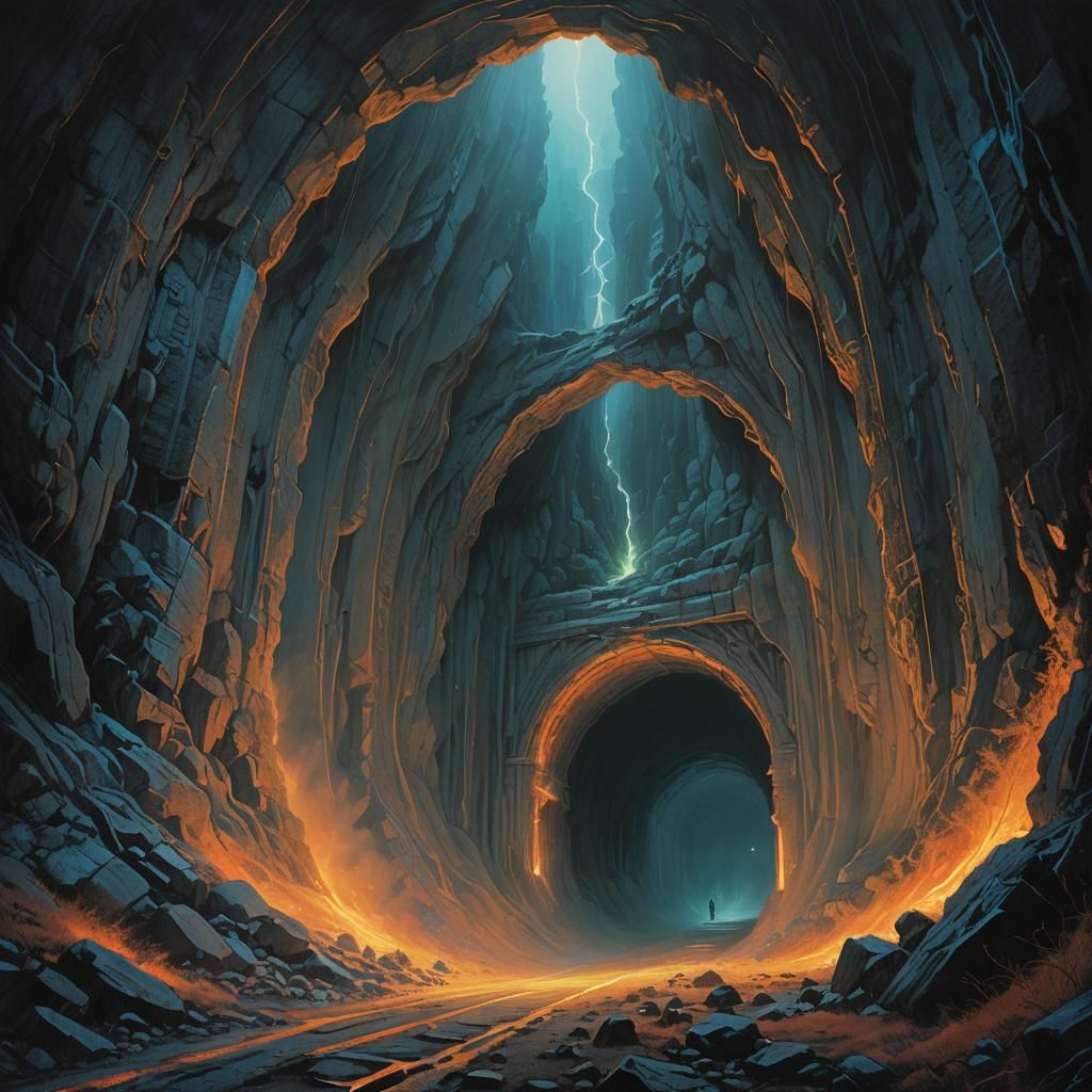 Mystical Tunnel Through Foreboding Mountain, in Dark Fantasy...