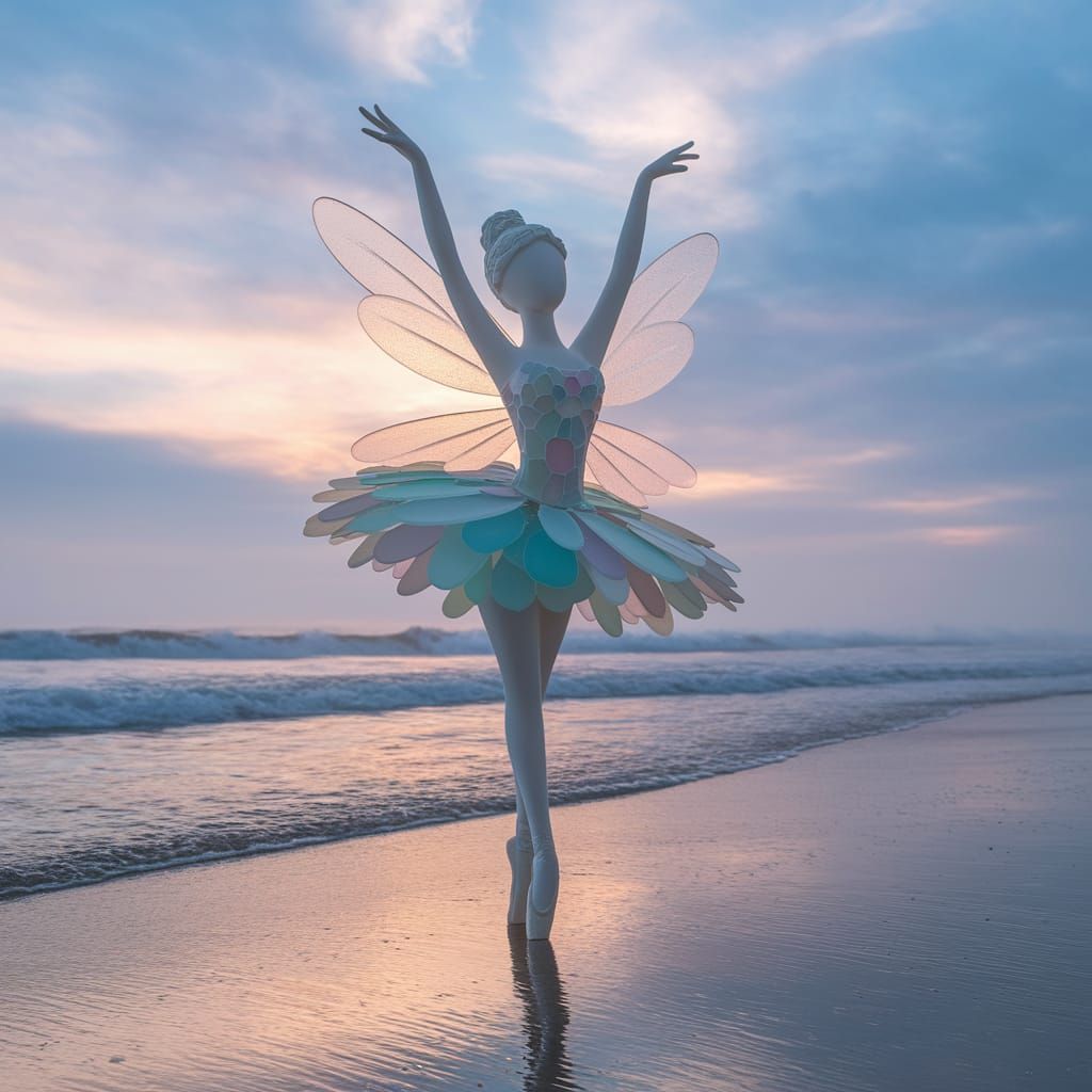 Fairy Ballerina Made of Sea Glass on Misty Beach at Dawn