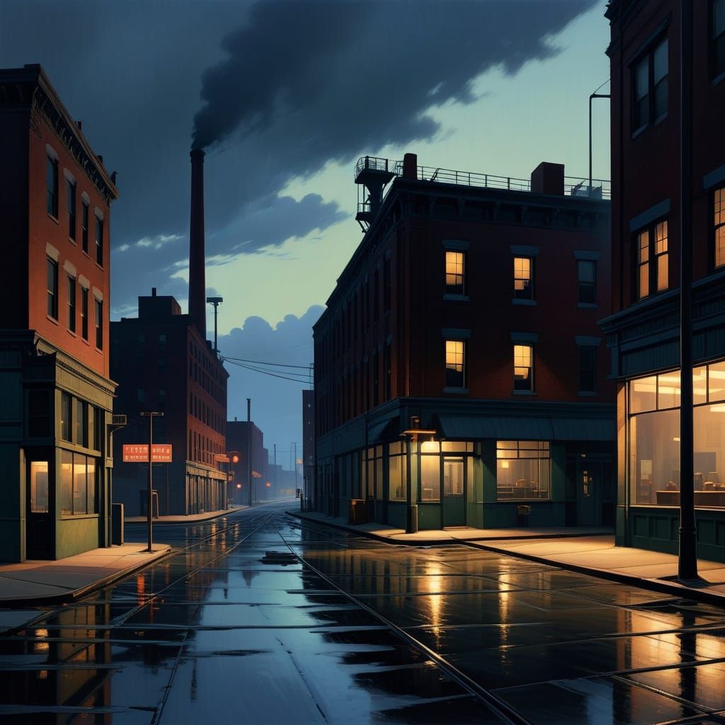 Moody Industrial Cityscape at Dusk in Photorealistic Style