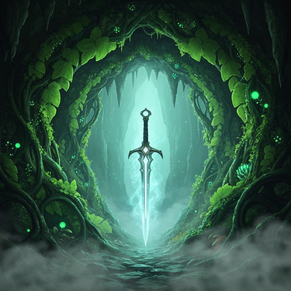 Magical Sword Gleaming in Mystical Cave Entrance