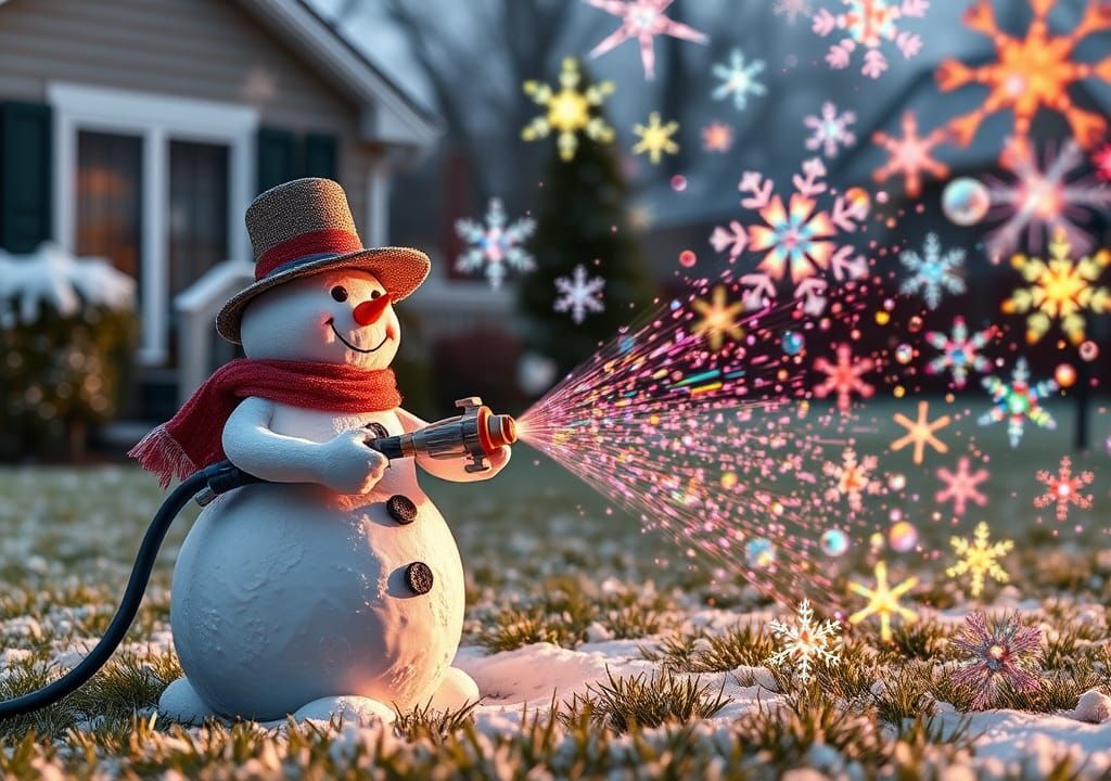 Snowman Sprinkles Iridescent Snowflakes on Lawn