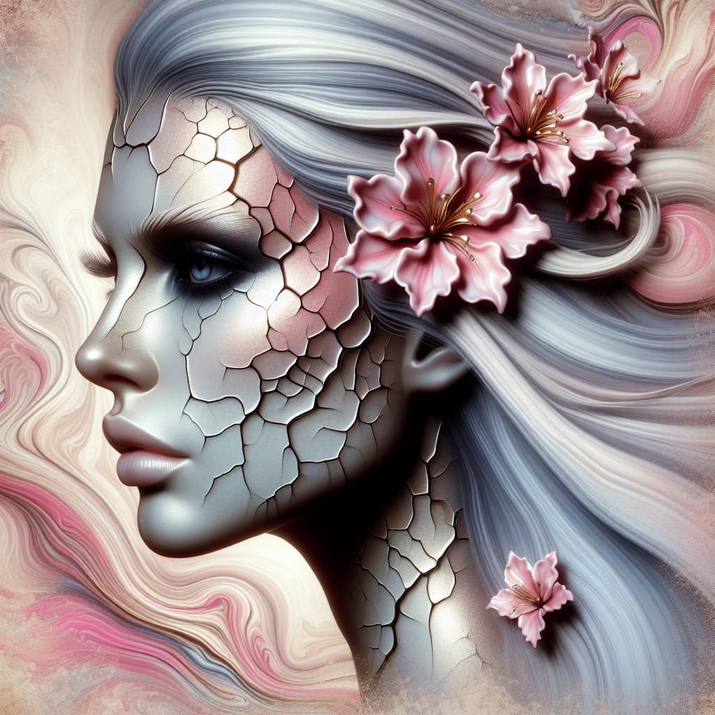 Ceramic Woman with Flowers in Psychedelic Dream