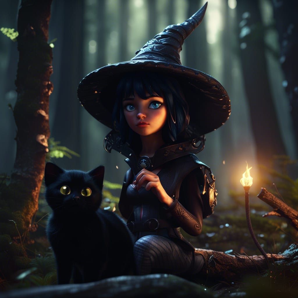 Black Kitten and Witch in Forest, 3D Render