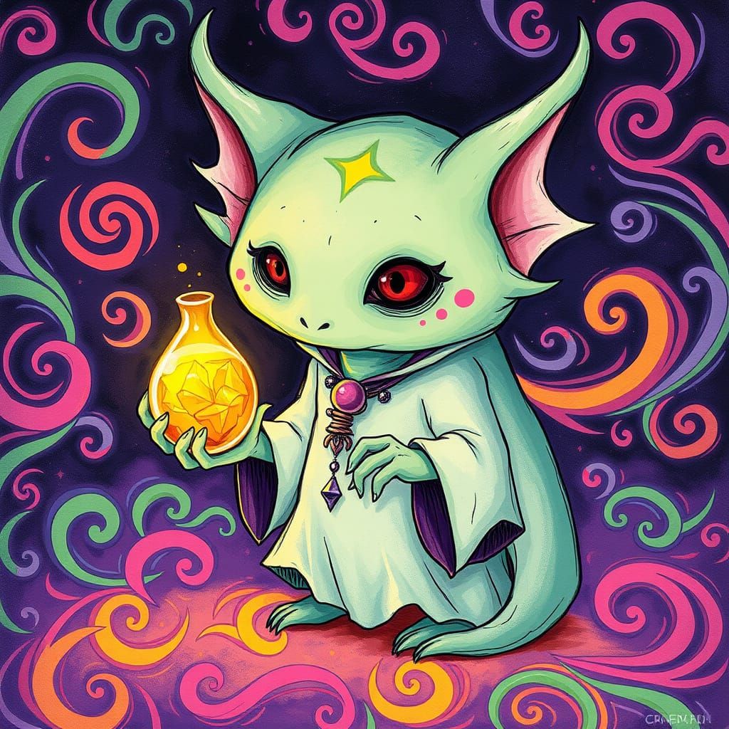 Whimsical Vampire Ghost with Potion, Mystical Drawing