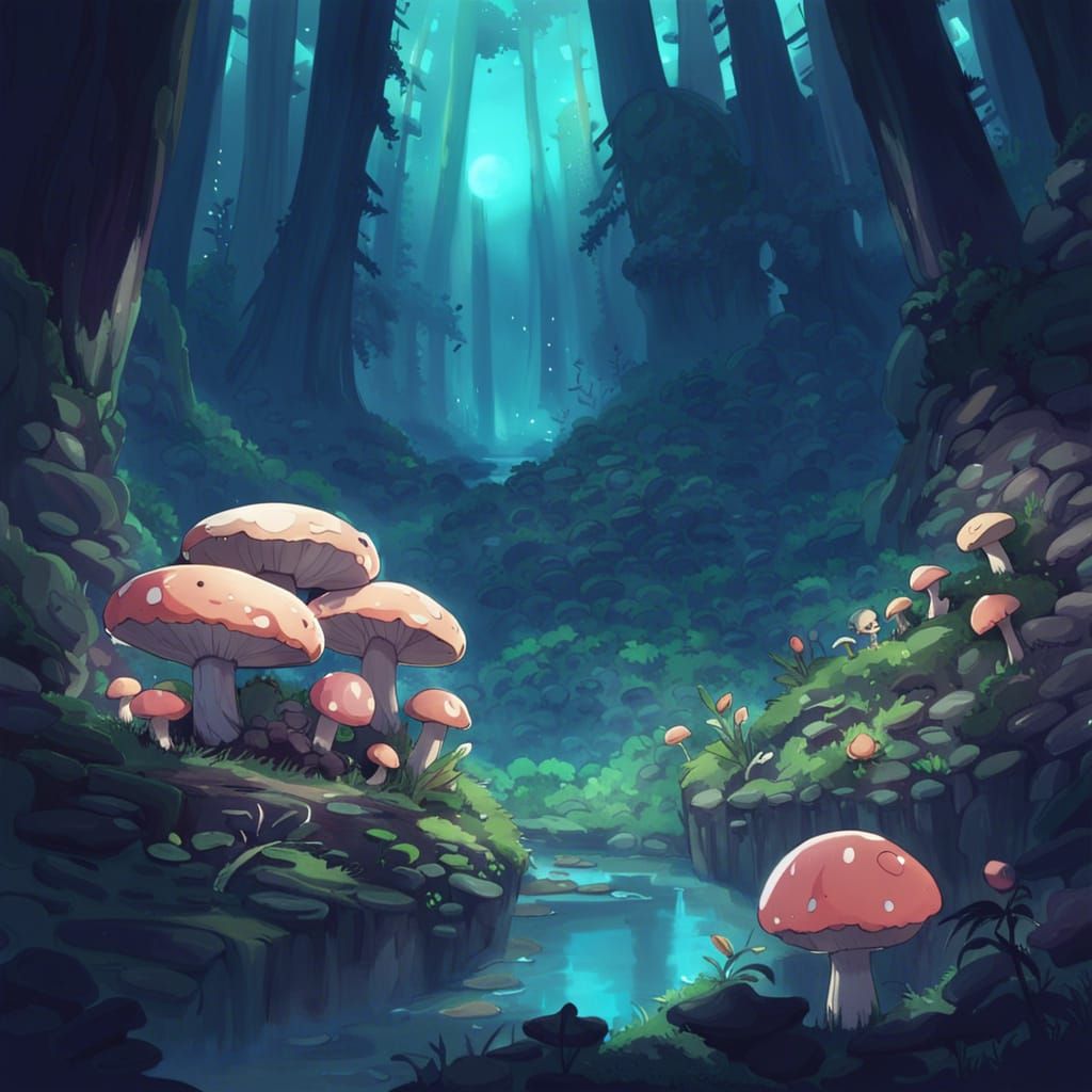 Enchanted Night Mushroom Forest in Anime Style