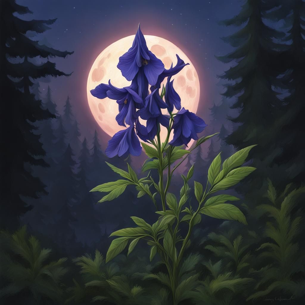 Monkshood Under Blood Moon: Hyperrealistic Concept Art