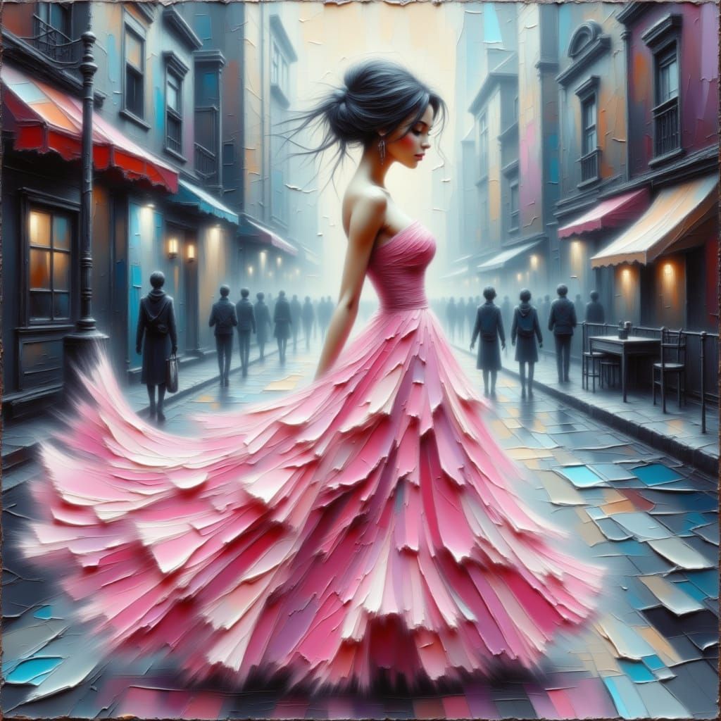 Woman in Pink Ruffled Gown in Misty City Street