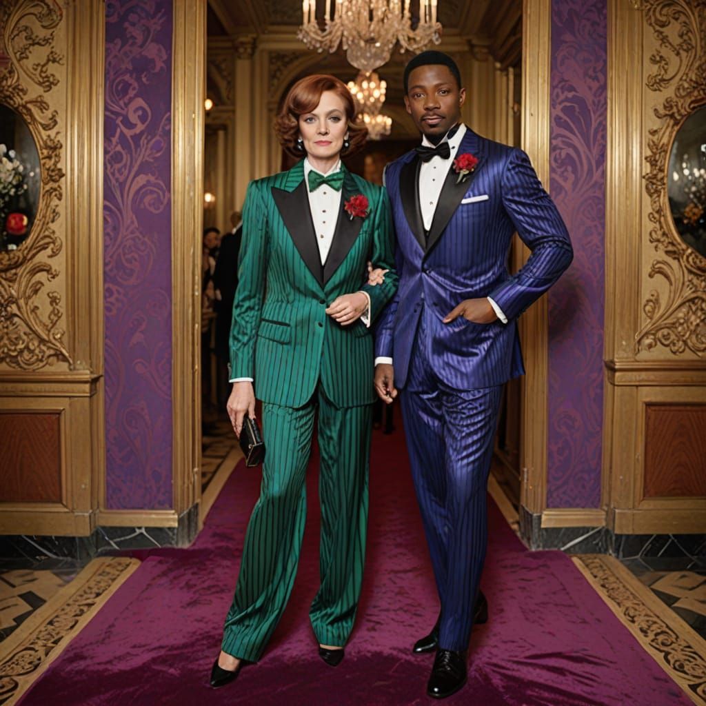 Elegant Couple Dressed in Vibrant Striped Formal Wear