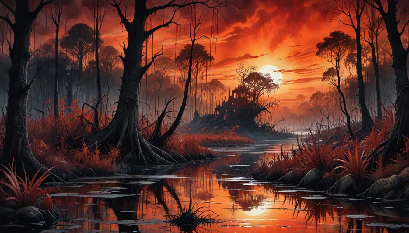 Dramatic Gothic Swamp Dusk in Vibrant Watercolor