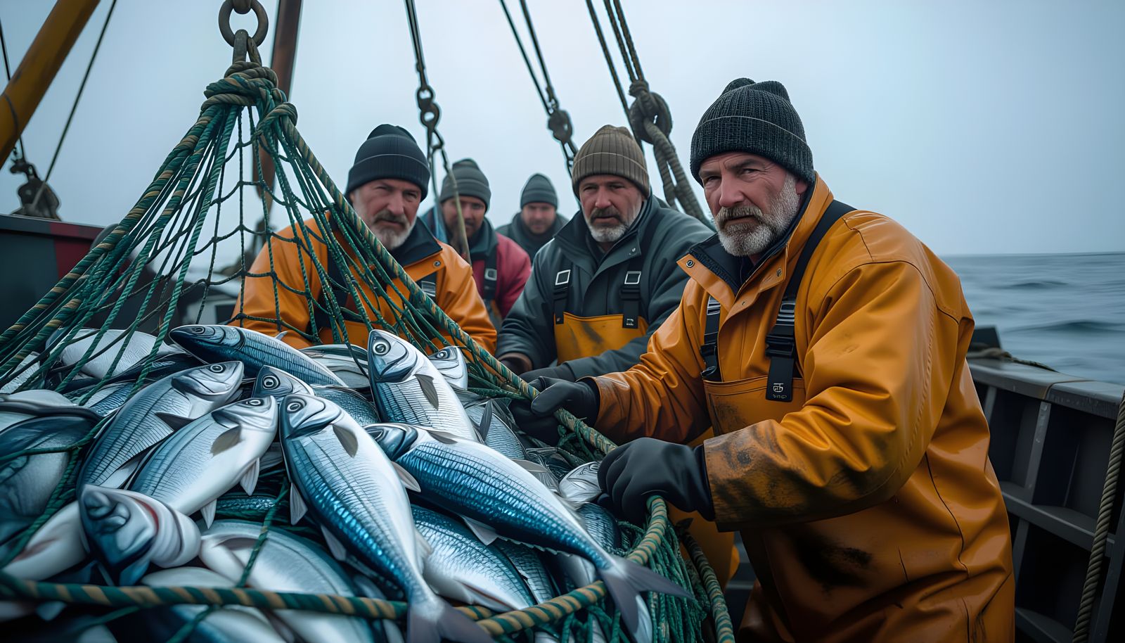 Fishermen Haul In Nets Full of Fish in Moody Cinematic Scene