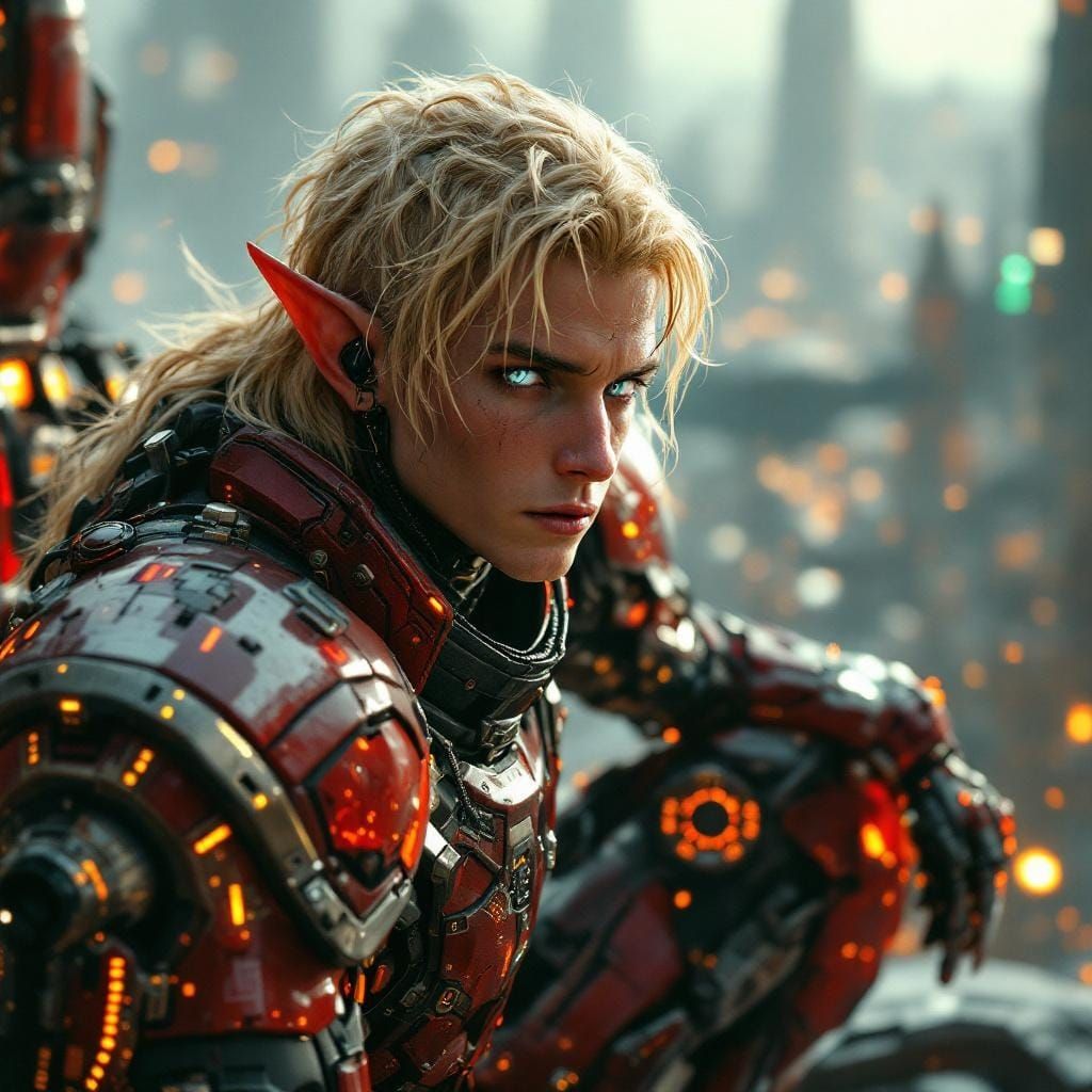 Cyborg Elf Overlooking Futuristic City in CGI Style