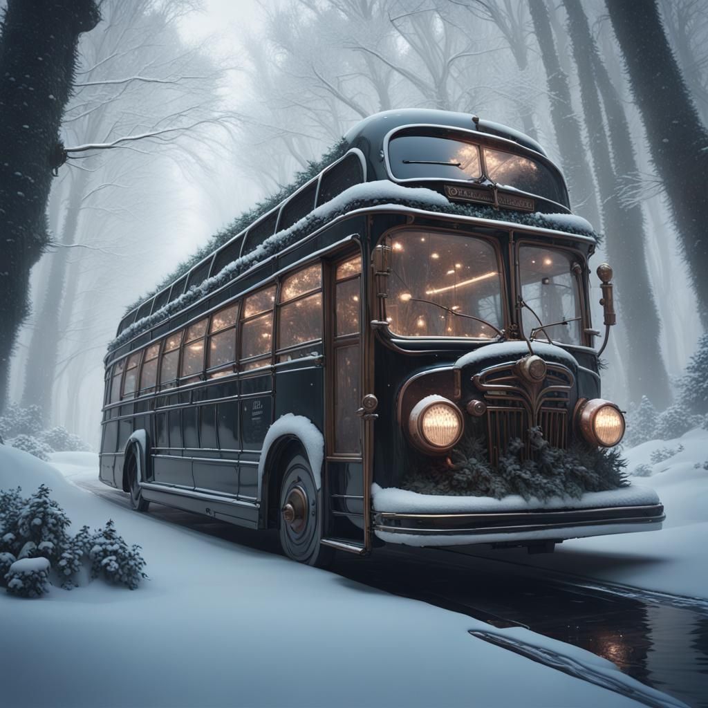 steampunk gothic bus  traveling through  a winter  wonderland
