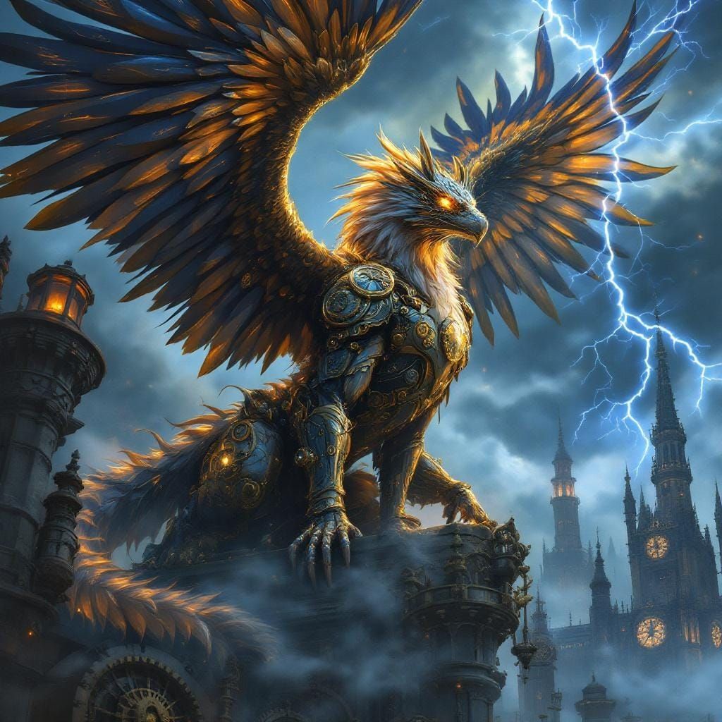 Clockwork Griffin in Steampunk Cathedral During Storm