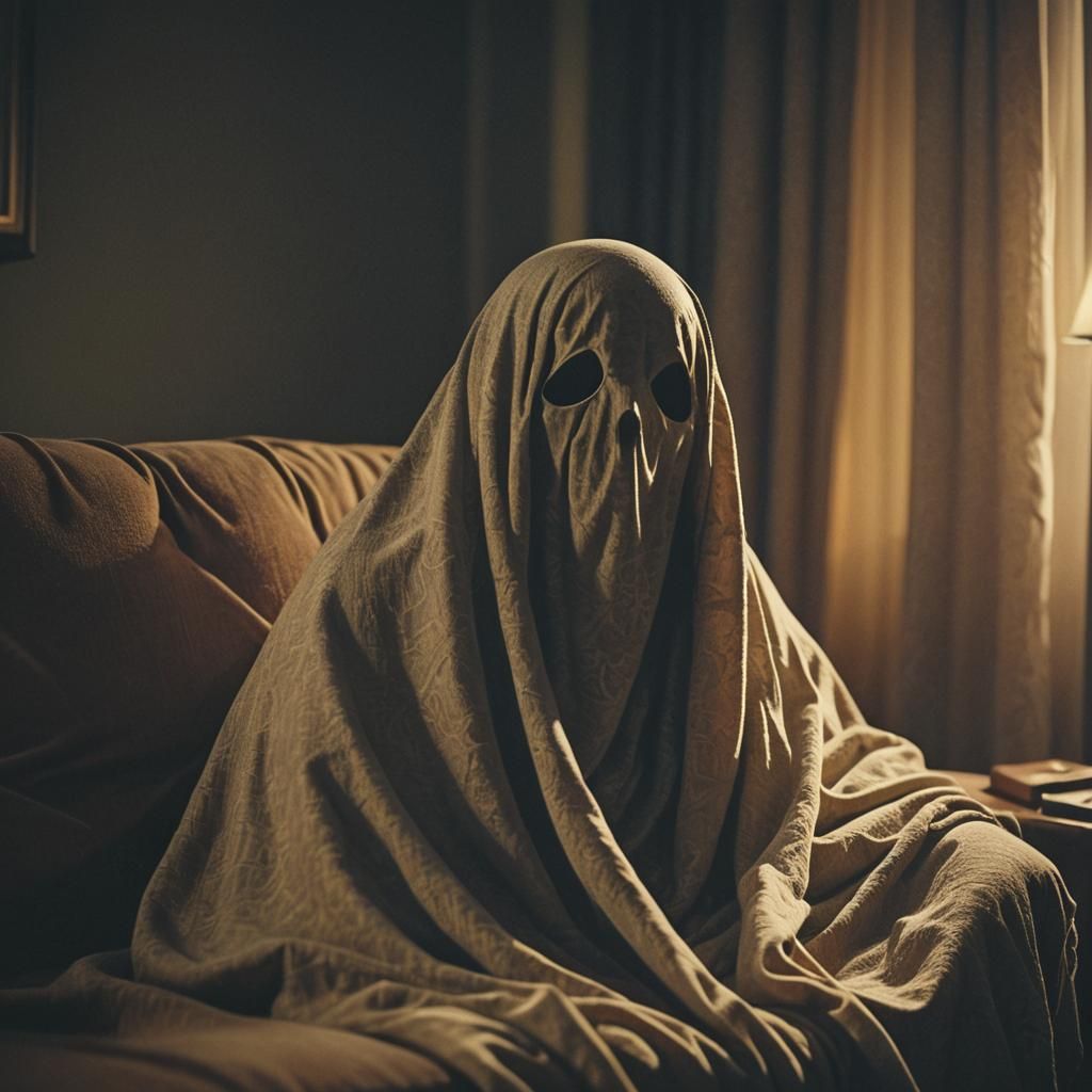 Cinematic Tiny Ghost Wrapped in Blanket