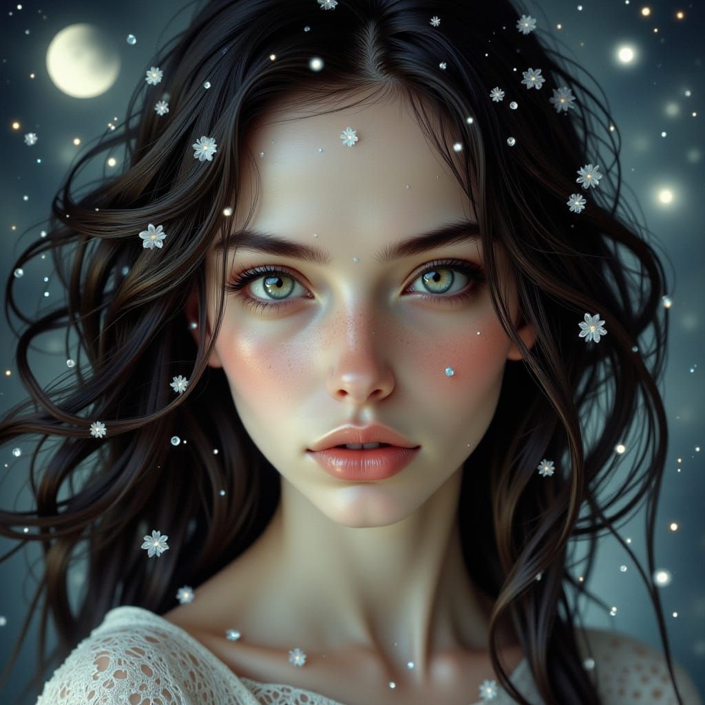 Ethereal Woman with Moonlit Skin in Art Nouveau Style