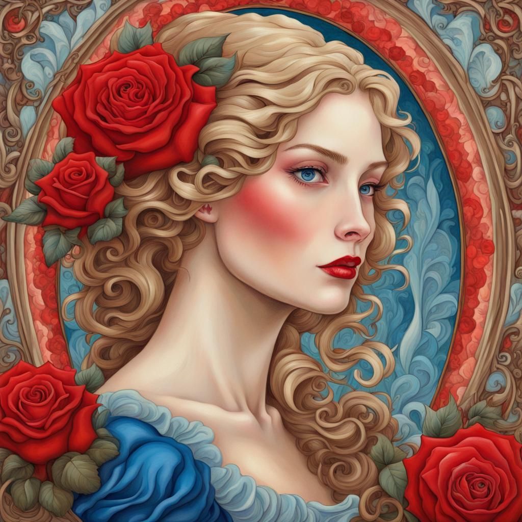 Red Rose and Blue-Eyed Woman in Art Nouveau Style