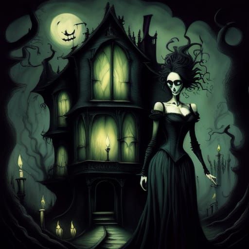 Eerie Dark Fantasy: Figure in Crooked Haunted House