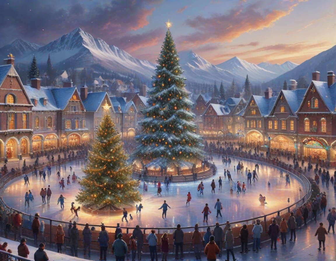Giant Christmas Tree in Snowy Town Square with Ice Skaters