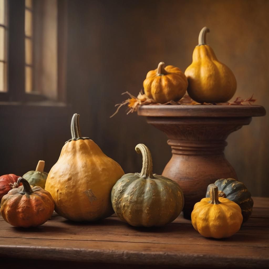 Colorful Gourds Still Life in Rustic Oil Painting Style
