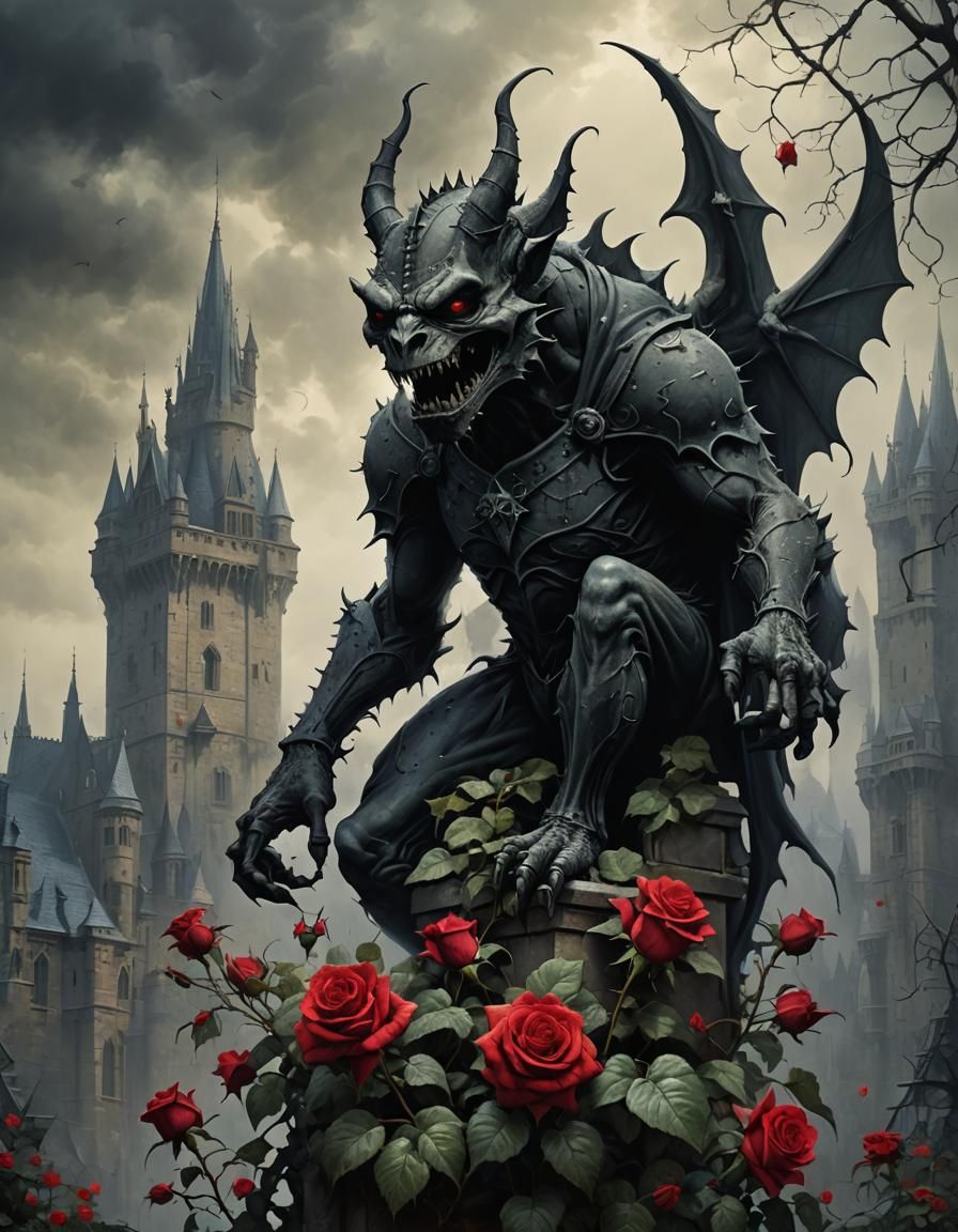Gothic Castle with Gargoyles and Thorny Roses