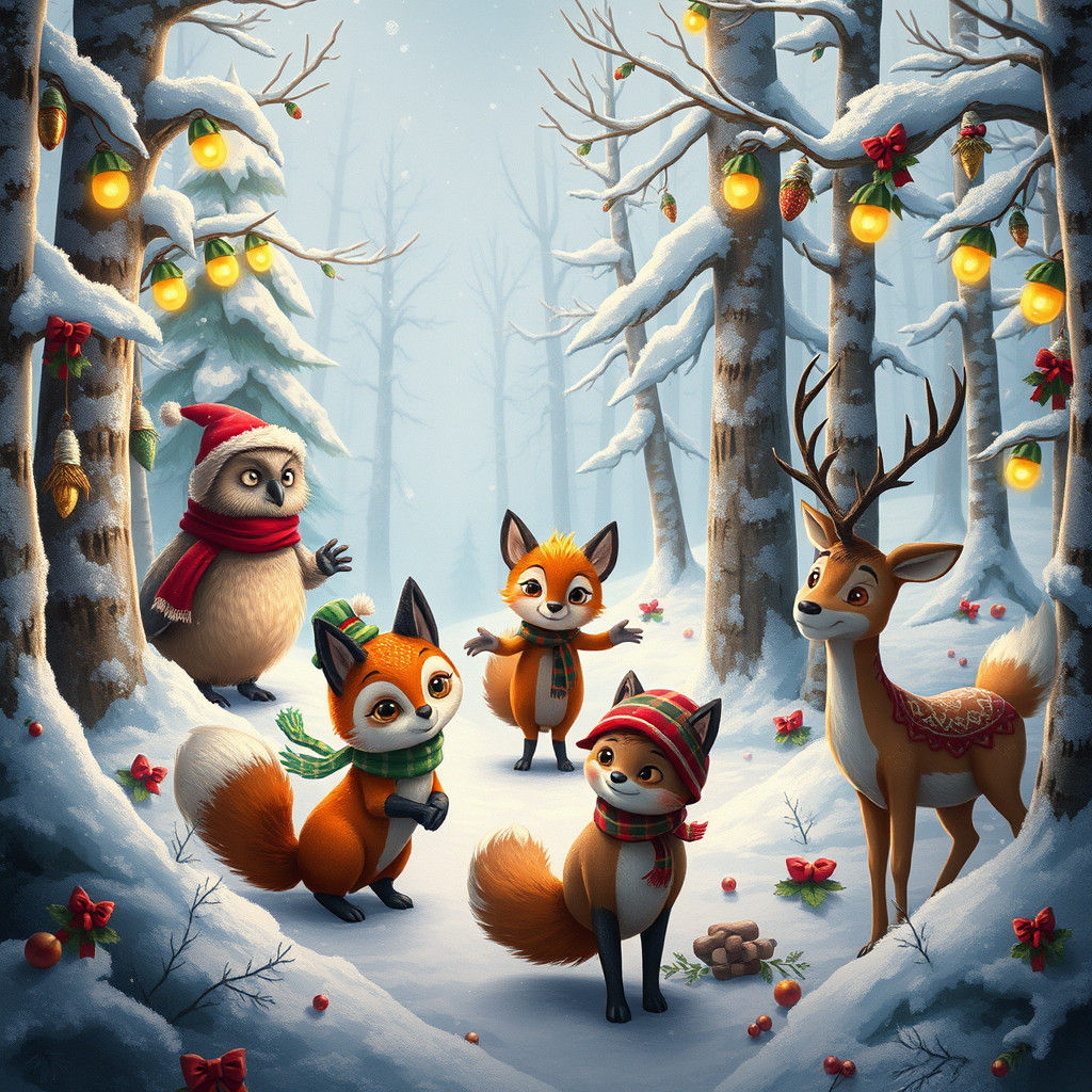Festive Animals Celebrate Christmas in Snowy Forest
