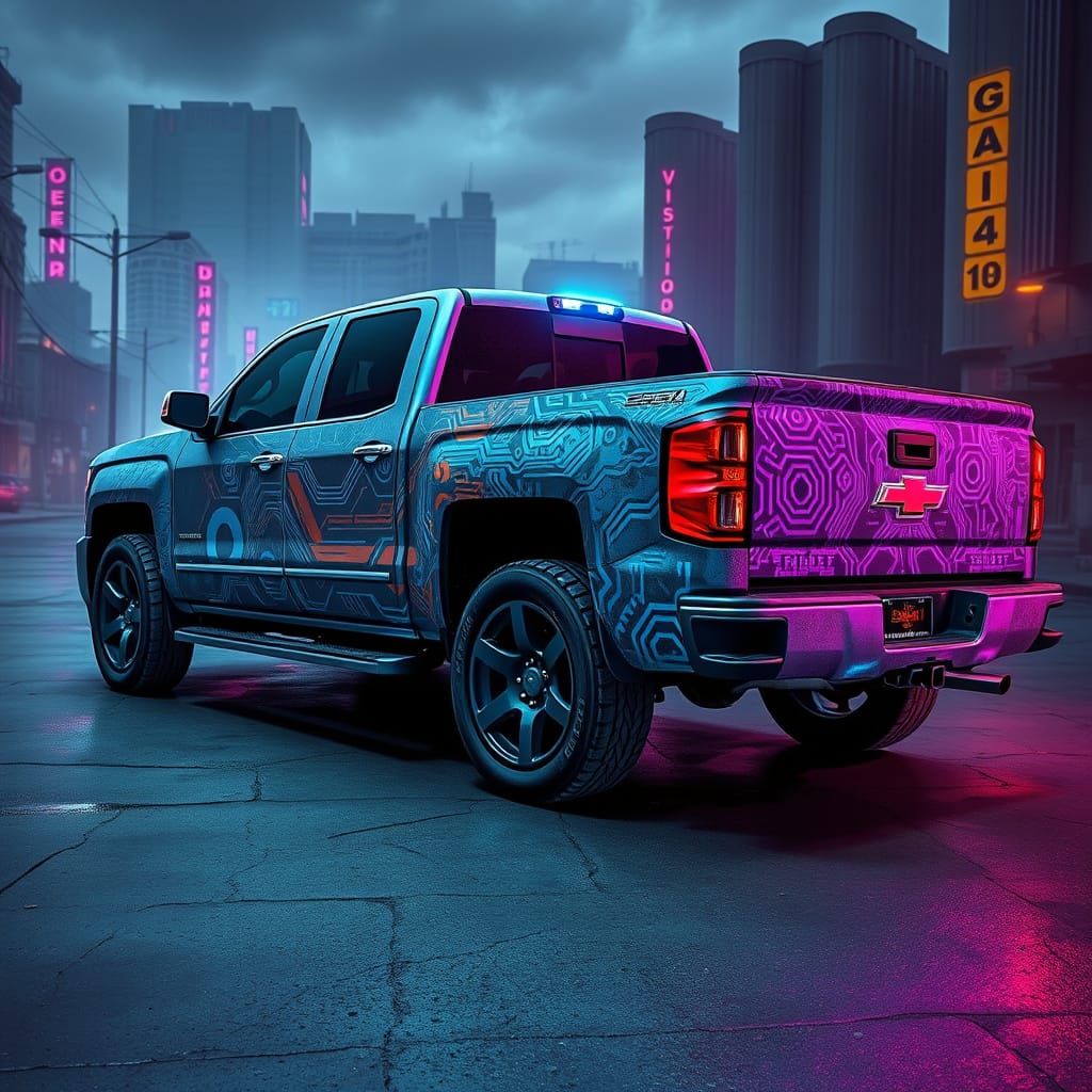 Cyberpunk Chevy Silverado Mural in Vibrant Blues and Purples