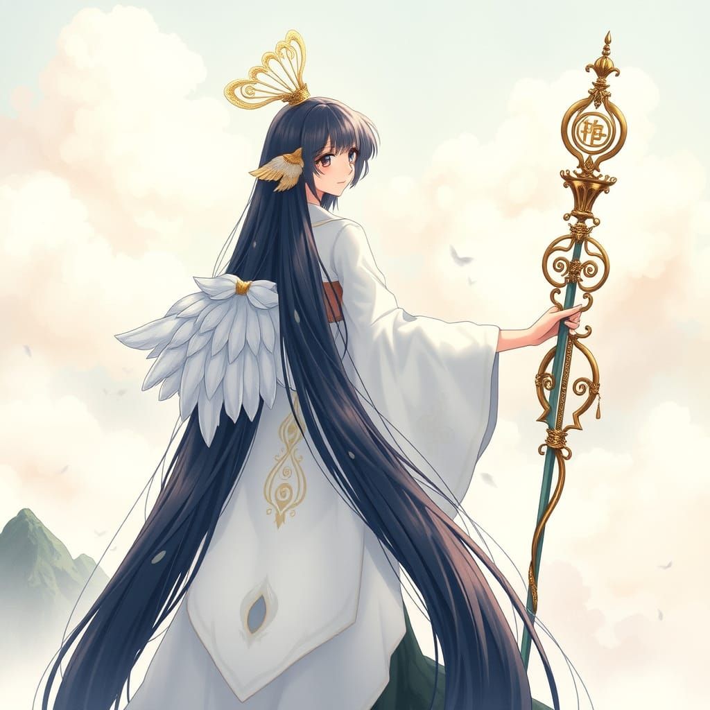 Anime-Style Peacock Girl on Misty Mountain Peak