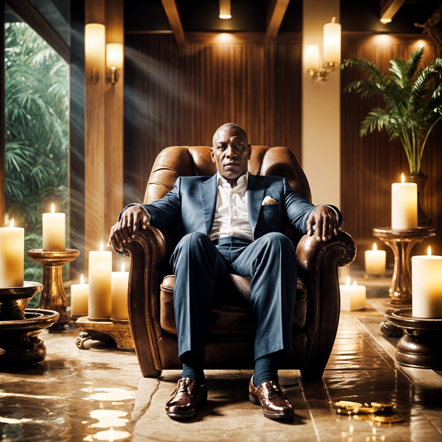 Boxer Frank Bruno looking elegant at the Health Spa intricate details, HDR, beautifully shot, hyperrealistic, sharp focu...